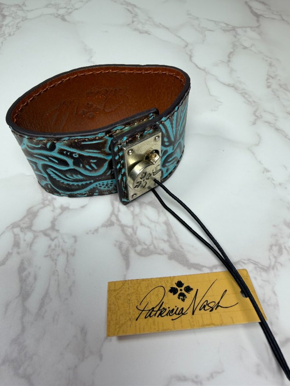 NWT Patricia Nash Irina Aqua Brown Silver Tone Floral Leather Cuff Bracelet